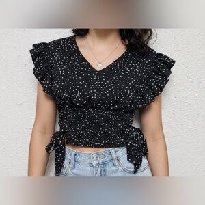 Polka Dot Ruffle Crop Top Smocked Waist V-Neck Tie Hem Black White Coquette Y2K